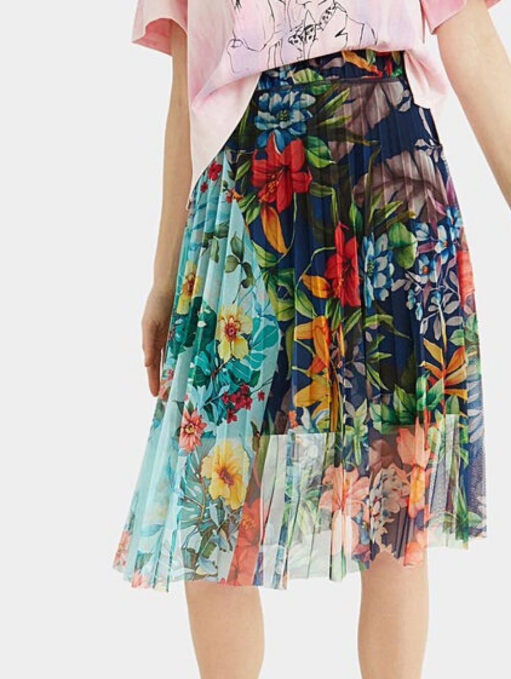 Desigual Pleated Floral Midi Multicolour Women's Skirt Size XL Feminine Casual